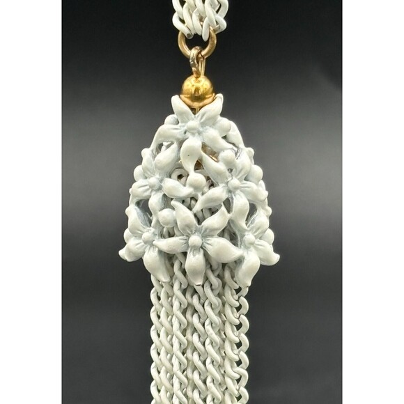 Vintage Monet‎ White Enamel over Metal Chain Necklace with Tassel Signed 24in - Picture 11 of 13